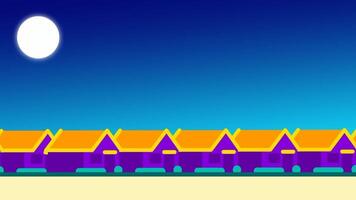 en rad av färgrik hus glöder under en vibrerande natt himmel med de måne lysande, skapande en livlig än fredlig by atmosfär video
