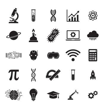 STEM icons. Science, Technology, Engineering and Mathematics silhouette set illustration. Collection of flat educational symbols for science and mathematics isolated vector