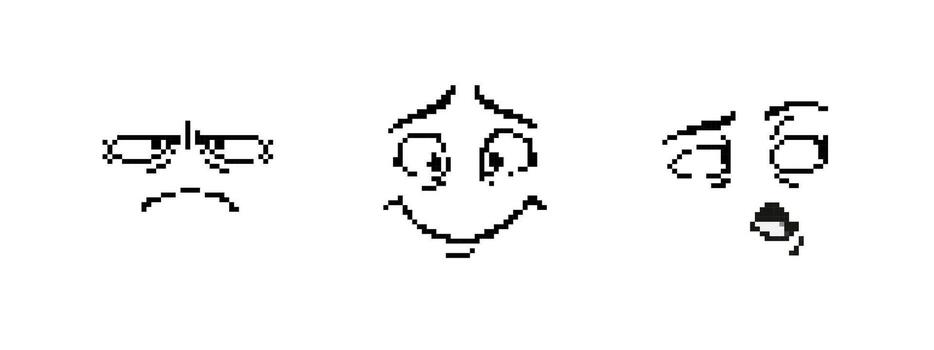 Mosaic pixel art icons with expressive faces in nostalgic 8 bit style vector