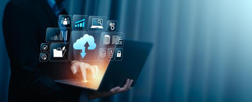 Cloud data storage management with secure document file upload, backup, digital transformation, big data analysis, business intelligence, secure cloud computing, cybersecurity, data privacy technolo photo