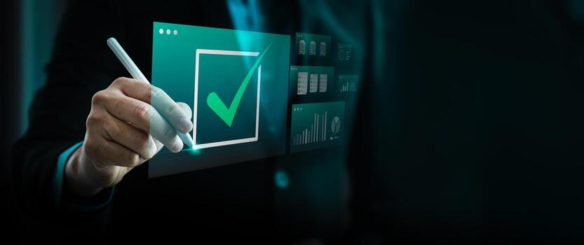 Businessman using digital pen to mark virtual check mark icon on futuristic interface, symbolizing online approval, task completion, data analysis, project management, and workflow automation success photo