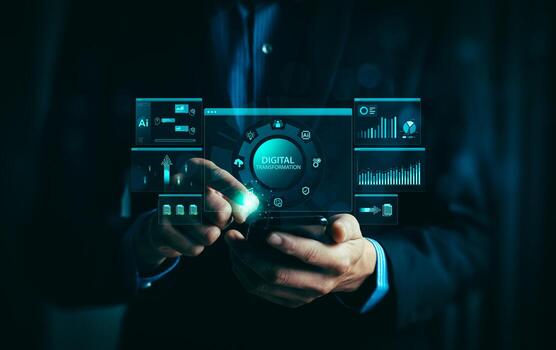 Businessman using smartphone to access futuristic digital transformation interface with glowing AI icons, data analytics dashboards, and virtual graphs in a modern tech-driven business environment photo