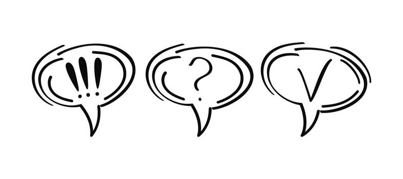 Set of speech bubbles. Cloud, exclamation mark, question mark. Concepts, choice, decision, ideas. Drawing, doodle, hand drawn, isolated background. Simple icons. vector