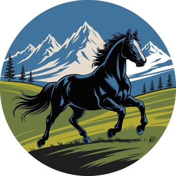 un negro caballo carreras en un circulo con montañas y arboles en el antecedentes en claro. vector