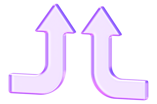 3d vetromorfismo fusione frecce nel viola pendenza. minimo lucido stile mostrando fluire, transizione, e astratto navigazione per digitale design. png