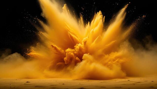 Dynamic yellow powder explosion captured in vivid motion freeze frame photo