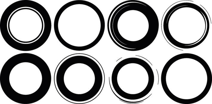 Collection of Black Circular Frames and Rings with Stylized Lines on White Background circle border vector