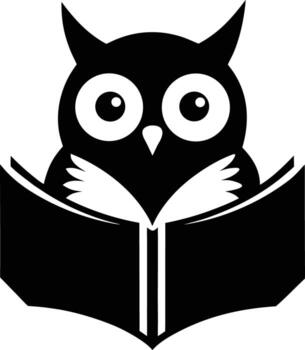 Black silhouette of an owl reading an open book isolated on white background isolated on transparent background vector