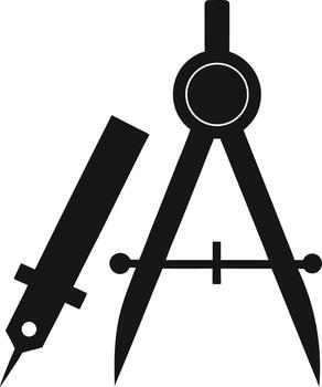 Black silhouette of a drafting compass and a ruling pen on a white background isolated on white background isolated on transparent background vector