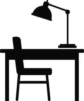 Silhouette of a desk and chair with a lamp overhead isolated on white background isolated on transparent background vector