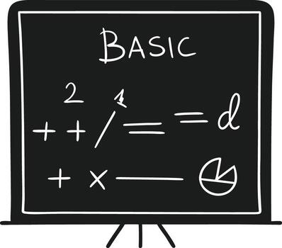 Hand drawn chalkboard with the word basic and mathematical equations and a pie chart silhouette isolated on white background isolated on transparent background vector