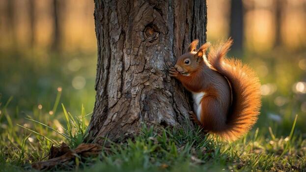 Squirrel climbing a tree trunk in a sunlit forest, surrounded by greenery and soft bokeh background photo