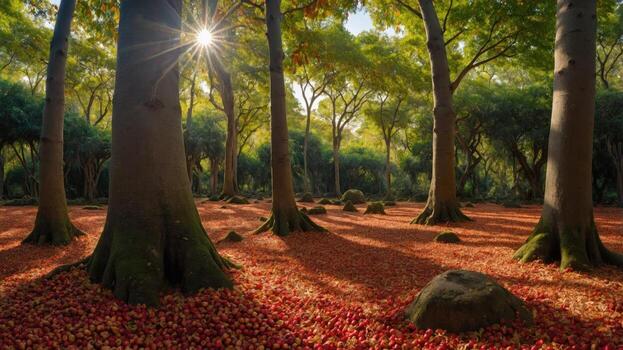Serene forest scene with sunlight filtering through trees, casting shadows on a carpet of fallen leaves photo