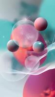 Vibrant spheres dancing, interweaving through curving lines against turquoise background, generating dynamic abstract motion with fluid color transitions video