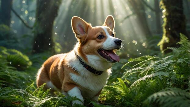 Playful corgi running through lush green forest with sunlight filtering through trees, creating a serene atmosphere photo