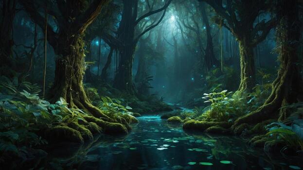 Enchanted forest with a serene stream, lush greenery, and soft light filtering through trees photo