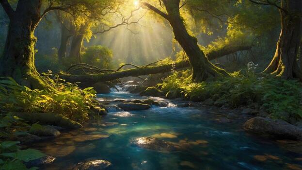 Serene forest scene with sunlight filtering through trees, illuminating a tranquil stream with lush greenery photo