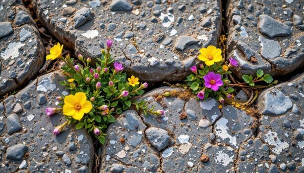 wildflowers emerge from stone cracks, creating patterns of growth, resilience, and gentle, vibrant beauty. photo