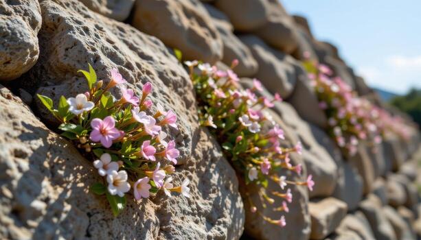 small blossoms grow on the rock wall, forming subtle patterns of color, light, and texture under sunlight. photo