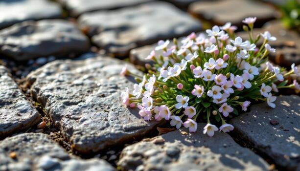 small blossoms grow across stone surfaces, forming natural patterns of color, texture, and light gracefully. photo
