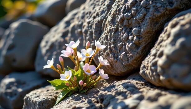 frágil floraciones adherirse a vertical piedras, luz de sol fundición oscuridad y enfatizando texturas vivamente y suavemente. foto