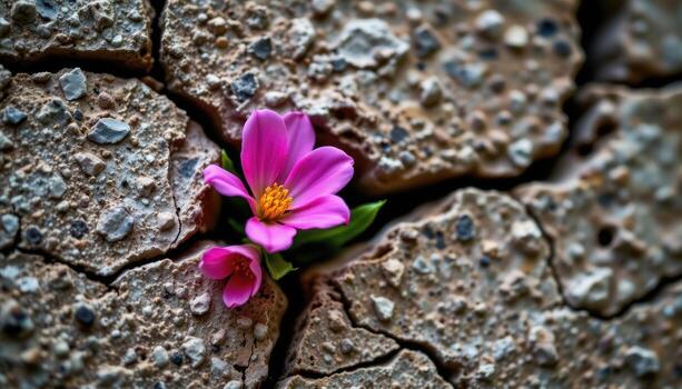 frágil pétalos surgir desde dentado grietas, de la naturaleza colores reblandecimiento el duro texturas de el escabroso pared. foto