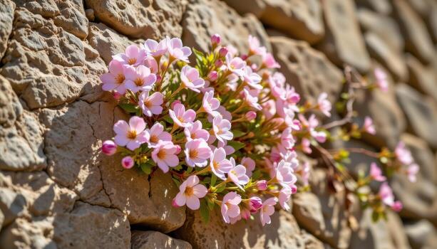 frágil floraciones adherirse a vertical piedra, bañado en luz de sol ese calienta pétalos y Destacar cada hendedura. foto
