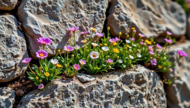 frágil flores subir desde vertical Roca superficies, formando un vívido escena de crecimiento, textura, y color. foto
