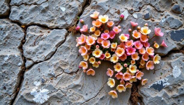 fragile blooms cling to vertical rocks, creating patterns of color and softness against rough, grey stone. photo