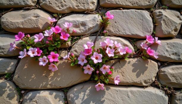 flowers grow stubbornly on vertical stone, forming subtle patterns of color, shadows, and soft natural beauty. photo