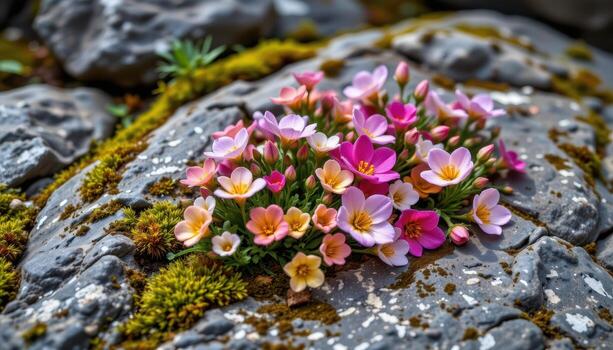 frágil floraciones cubrir antiguo rocas, vibrante colores contrastando suavemente con gris Roca y suave musgo texturas foto