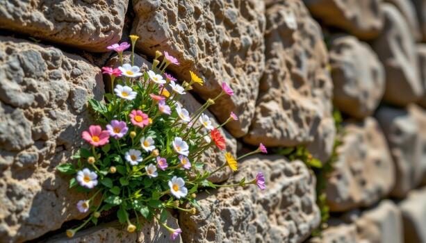 frágil flores subir desde vertical tono de llamada superficies, formando un vívido escena de crecimiento, textura, y color. foto