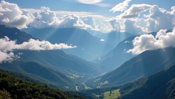 mist curls around mountain peaks, green valleys stretching below, sunlight filtering softly, clouds drifting slowly. photo