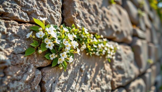 small blossoms grow on the rock wall, folrming subtle patterns of color, light, and texture under sunlight. photo