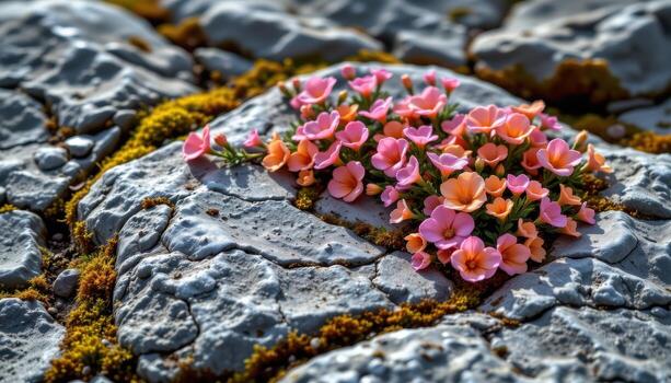 frágil floraciones cubrir un antiguo rocas, vibrante colores contrastando suavemente con gris Roca y suave musgo texturas foto
