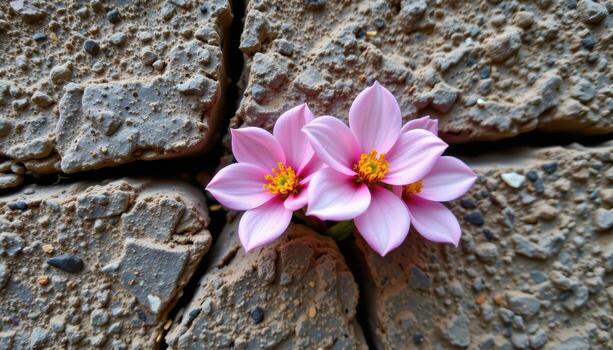 frágil pétalos surgir desde dentado grietas, de la naturaleza colores reblandecimiento el duro texturas de el escabroso pared. foto