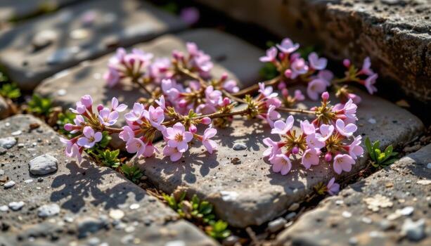 small blossoams grow across stone surfaces, forming natural patterns of color, texture, and light gracefully. photo