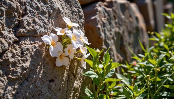 frágil floraciones adherirse a vertical piedras, luz de sol fundición oscuridad y enfatizando texturas vivamente y suavemente. foto