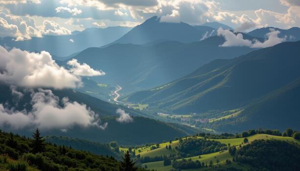 towering misty peaks overlook lush fields, clouds moving slowly, sunlight illuminating rolling hills below. photo