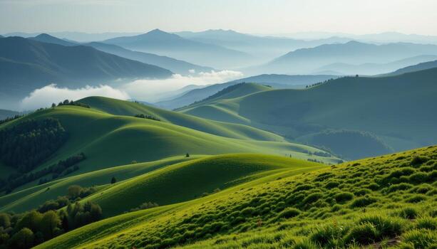 rolling hills of emerald stretch beneath misty peaks, fog curling through valleys, sunlight highlighting textures gently. photo