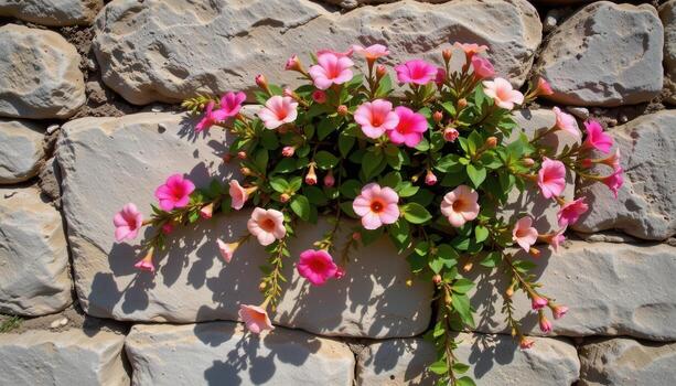 flowers grow stubboarnly on vertical stone, forming subtle patterns of color, shadows, and soft natural beauty. photo