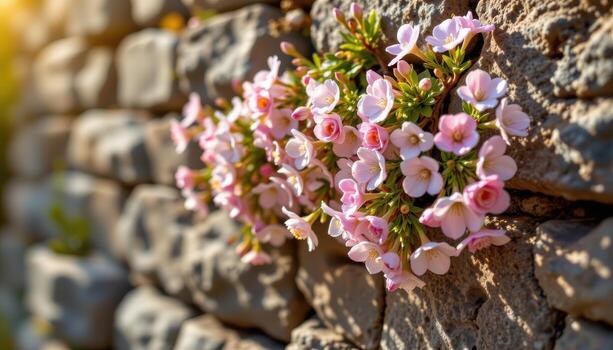 frágil floraciones adherirse a vertical piedra, bañado en luz de sol ese calienta pétalos y Destacar cada hendedura. foto