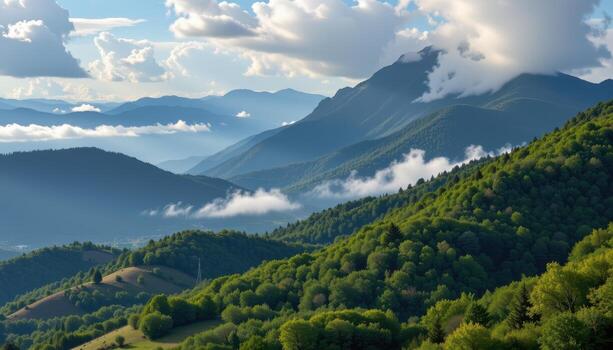 towering mountains covered in mist overlook lush rolling hills, clouds drifting slowly, shadows shifting gently. photo