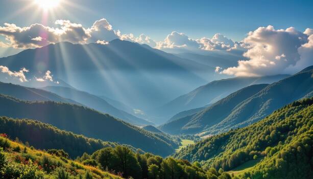 lush valleys extend beneath fog covered mountains, sunlight casting soft warmth, clouds drifting across peaks slowly. photo