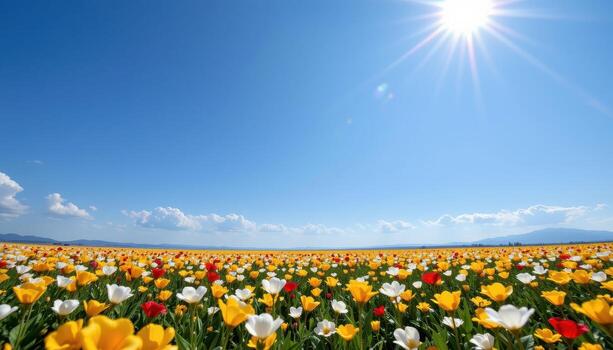 a vast flower field glows under sunlight, petals swaying beneath the broad azure sky stretching endlessly above. photo