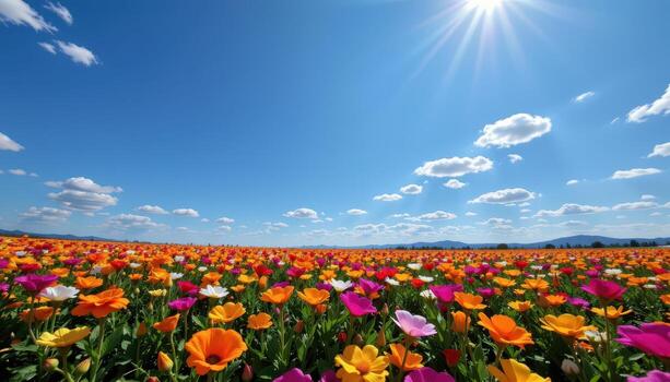 a broad field of vibrant flowers basks under sunlight, petals shimmering beneath the endless azure sky above. photo