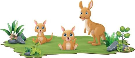 linda familia canguros dibujos animados en el césped vector