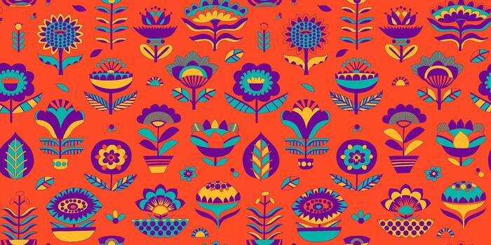seamless pattern with folkloric flowers. Simple floral shapes as a background. Hand drawn geometric minimalistic repeatable backdrop. vector