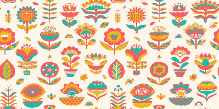 botanical seamless pattern with folkloric flowers. Simple floral shapes as a background. Hand drawn geometric minimalistic repeatable backdrop. vector