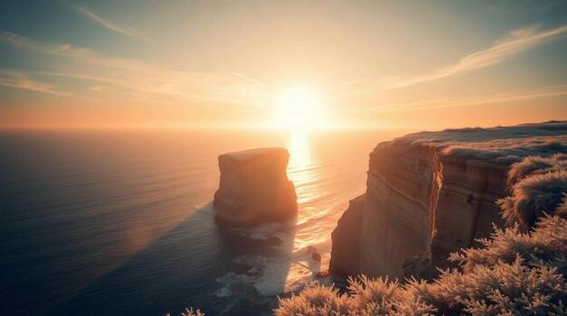 The sun rises over the ocean and two cliffs photo